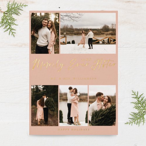 Merrily Ever After Minimal 5 Photo Collage Foil Holiday Card