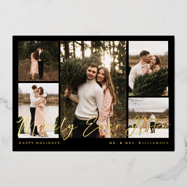 Merrily Ever After Minimal 5 Photo Collage Foil Holiday Card (Front)