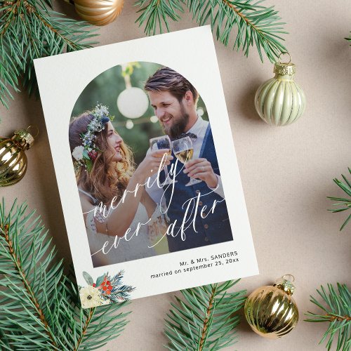 Merrily ever after minimalist arch photo wedding holiday card