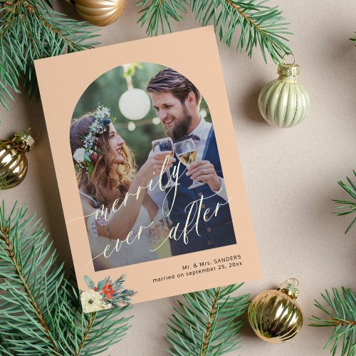 Merrily ever after minimalist arch photo wedding holiday card