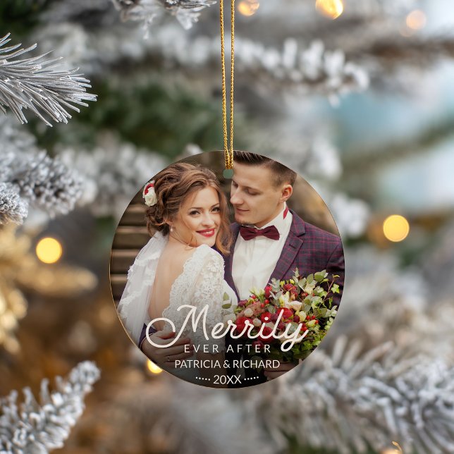 Merrily Ever After Newlywed Christmas Ceramic Ornament (Creator Uploaded)