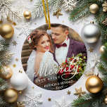 Merrily Ever After Newlywed Christmas Ceramic Ornament<br><div class="desc">Personalized holiday photo ornament for newlyweds features a favorite wedding photo on each side,  with "Merrily Ever After" overlaid in white calligraphy. Customize with your names and wedding date.</div>