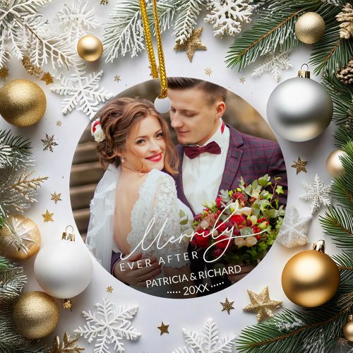 Merrily Ever After Newlywed Christmas Ceramic Ornament