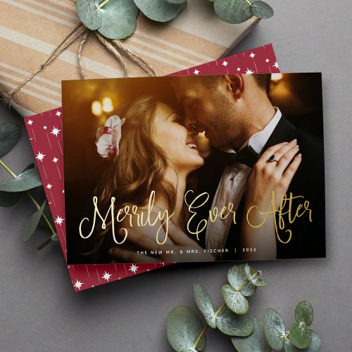 Merrily Ever After Newlywed Photo Foil Holiday Card