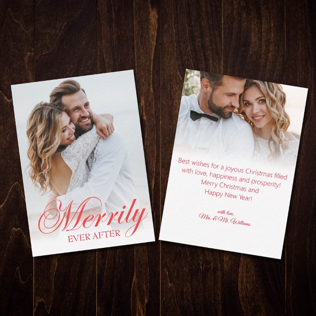 merrily ever after, newlyweds 2 photos holiday red note card (Creator Uploaded)