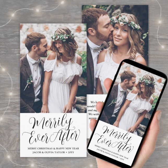 Merrily Ever After Newlyweds Photo Elegant Script Holiday Card (Creator Uploaded)
