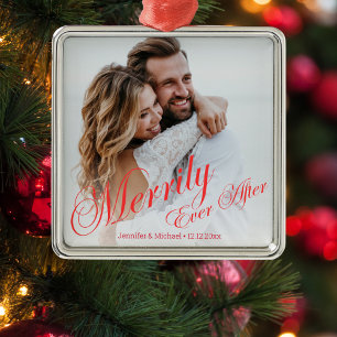 merrily ever after newlyweds photo red chic metal ornament