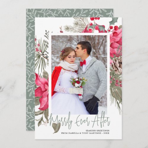 Merrily Ever After Photo Red Poinsettia Christmas Holiday Card