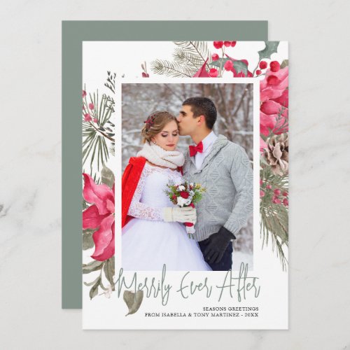 Merrily Ever After Photo Red Poinsettia Christmas Holiday Card