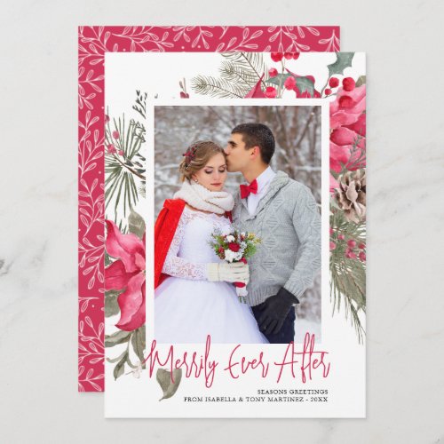 Merrily Ever After Photo Red Poinsettia Christmas Holiday Card