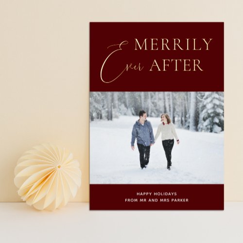 Merrily Ever After Red Gold Script Photo Foil Holiday Card