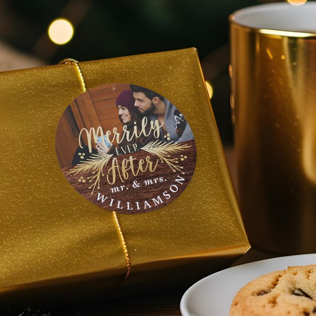 Merrily Ever After Rustic Mr & Mrs First Christmas Classic Round Sticker (Merrily Ever After Rustic Mr & Mrs First Christmas Classic Round Sticker)