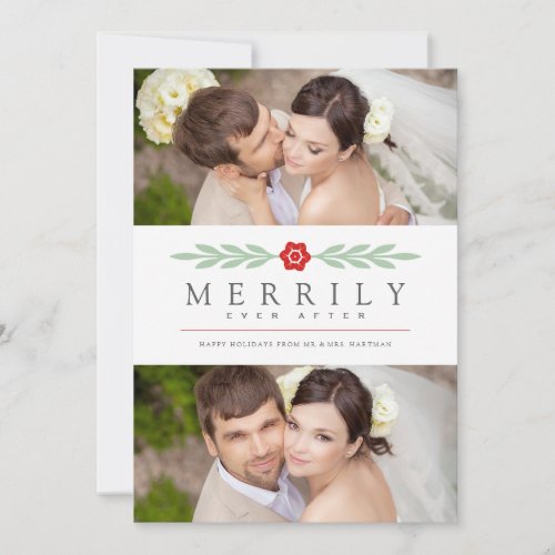 Merrily Ever After Simple Floral Newlywed Photo Holiday Card