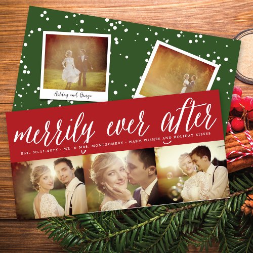 Merrily Ever After Simple Script 3 Photo Wedding Holiday Card