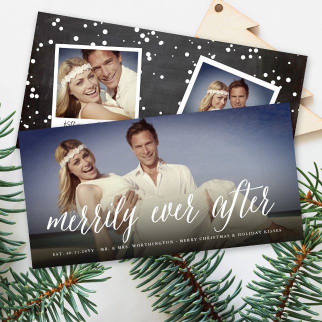 Merrily Ever After Simple Script Photo Wedding Holiday Card (Creator Uploaded)