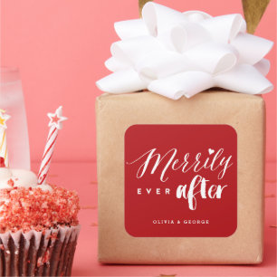 Merrily Ever After Typography Holiday Wedding Square Sticker