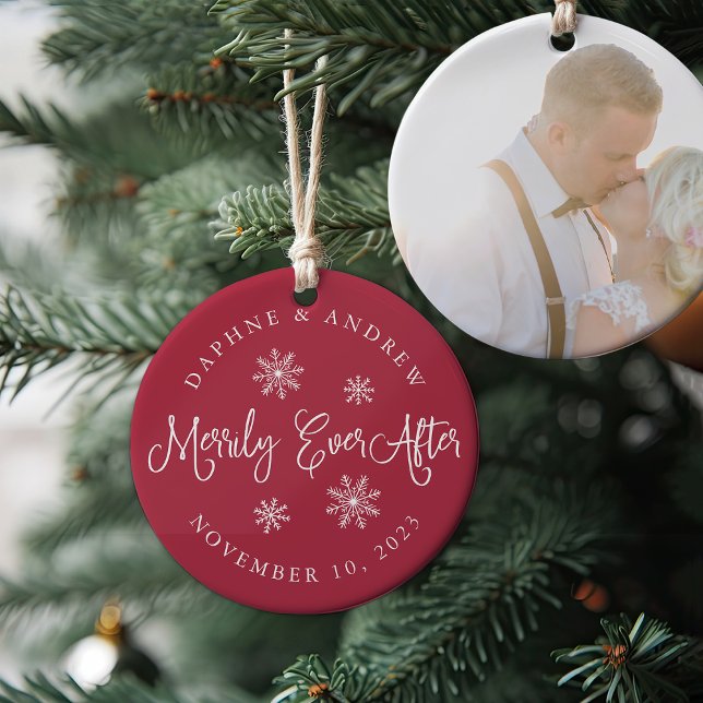 Merrily Ever After | Wedding Photo Ceramic Ornament (Creator Uploaded)