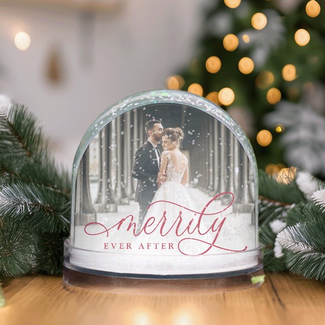 Merrily Ever After Wedding Photo & Custom Text Snow Globe (Creator Uploaded)