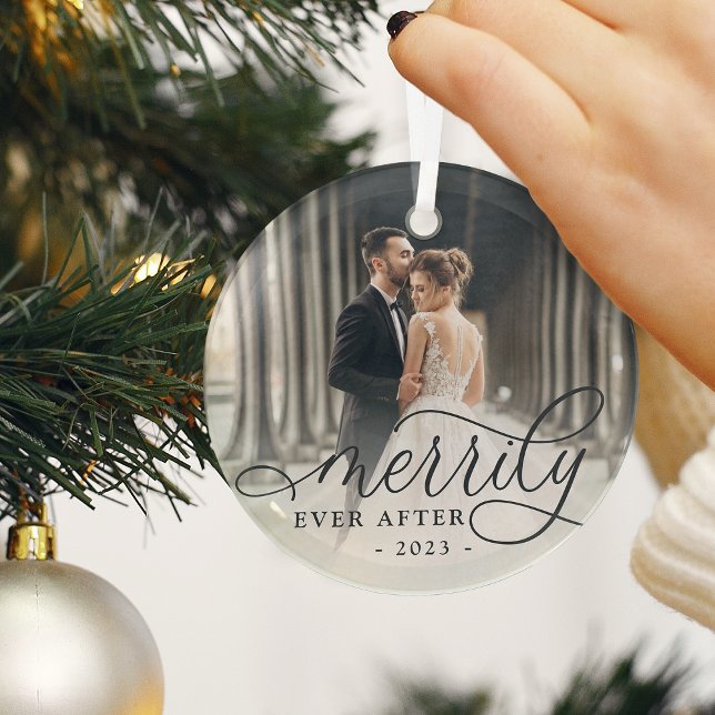 Merrily Ever After | Wedding Photo Glass Ornament (Creator Uploaded)