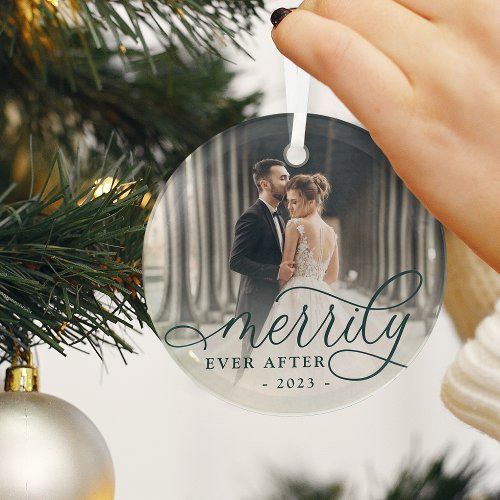 Merrily Ever After  Wedding Photo Glass Ornament