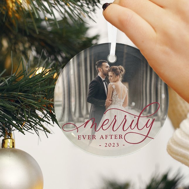 Merrily Ever After | Wedding Photo Glass Ornament (Creator Uploaded)