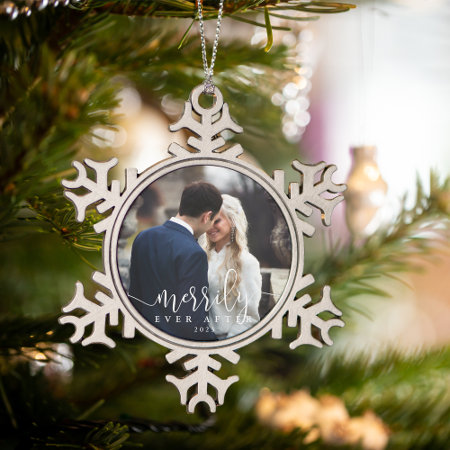 Merrily Ever After | Wedding Photo Snowflake Pewter Christmas Ornament