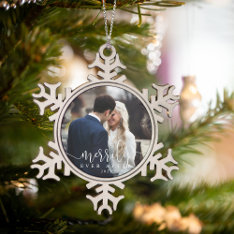Merrily Ever After | Wedding Photo Snowflake Pewter Christmas Ornament at Zazzle