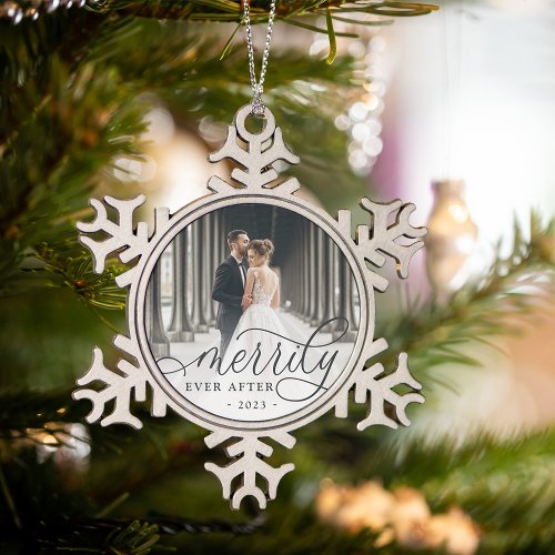 Merrily Ever After  Wedding Photo Snowflake Pewter Christmas Ornament