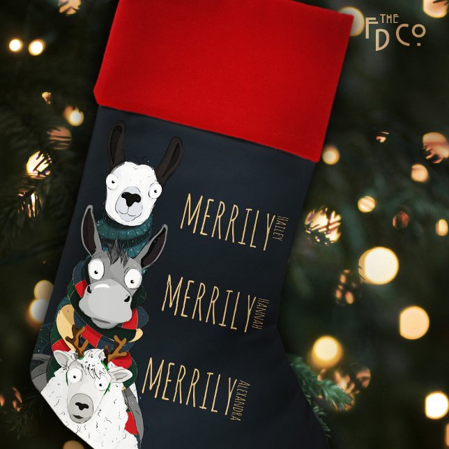 "Merrily" Funny Chic Sheep Donkey Llama Dark Blue Christmas Stocking (Creator Uploaded)