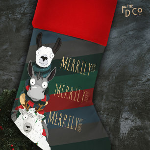 "Merrily" Funny Winter Animal Diagonal Stripe Christmas Stocking
