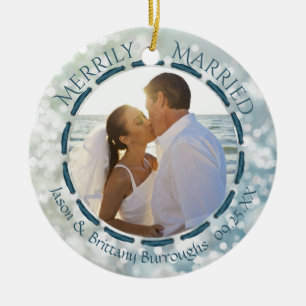 Merrily Married 2 Photo Blue Teal Bokeh Cherish Ceramic Ornament