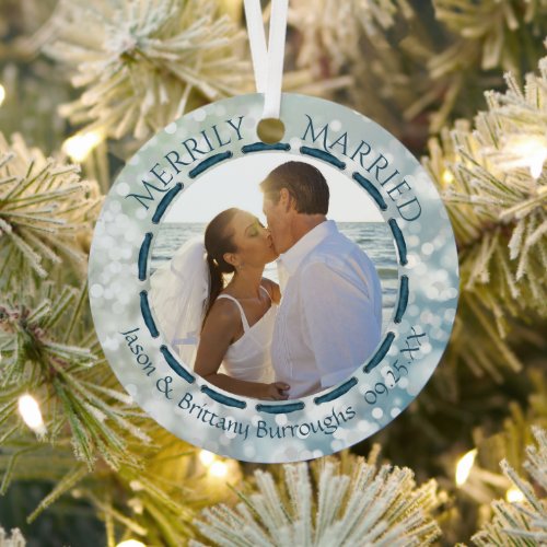 Merrily Married 2 Photo Blue Teal Bokeh Cherish Metal Ornament