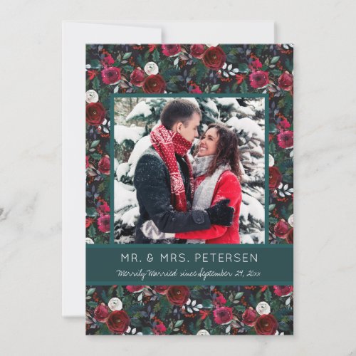 Merrily Married Green Burgundy Christmas Photo Holiday Card