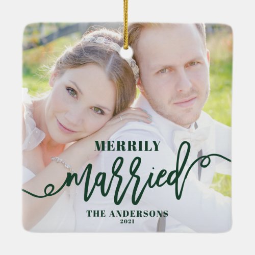 Merrily Married  Green Newlyweds Christmas Photo Ceramic Ornament