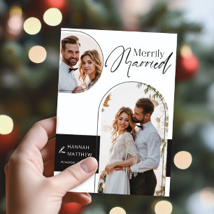 Merrily Married Holiday Wedding Black White Card