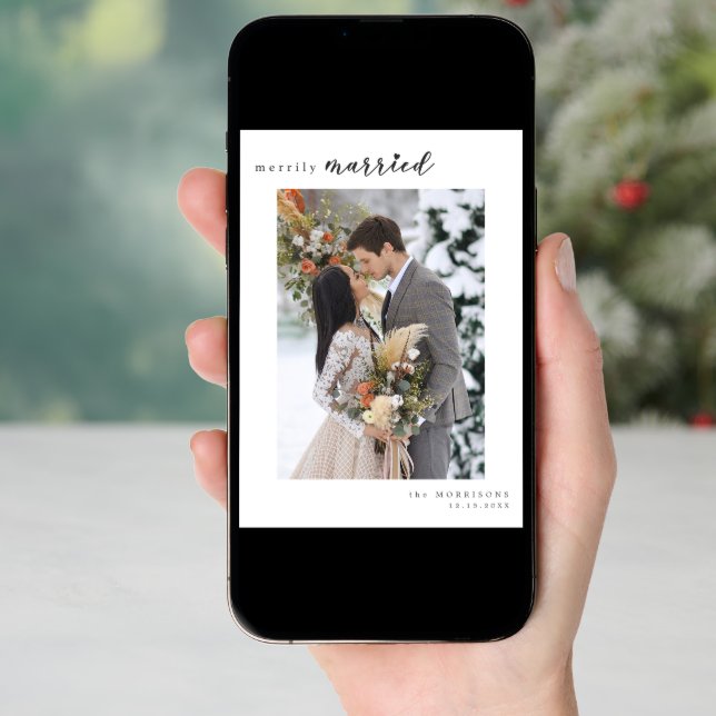merrily married Minimalist Winter Wedding Photo Holiday Card (Front Digital)