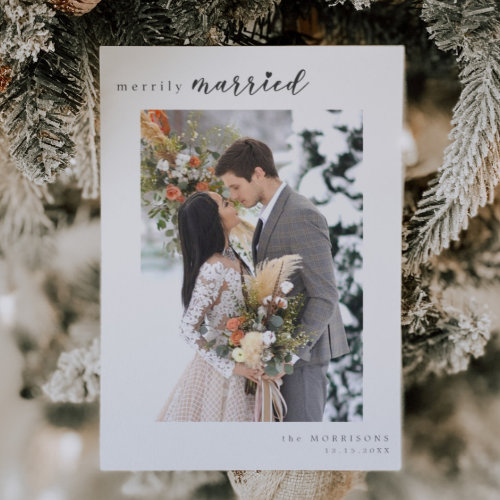 merrily married Minimalist Winter Wedding Photo Holiday Card