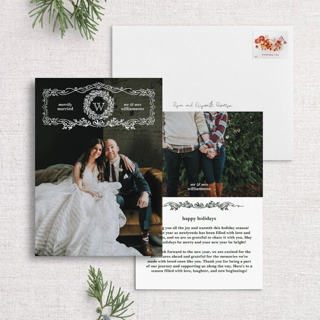 Merrily Married Monogram Wreath Holiday Photo Card (Creator Uploaded)