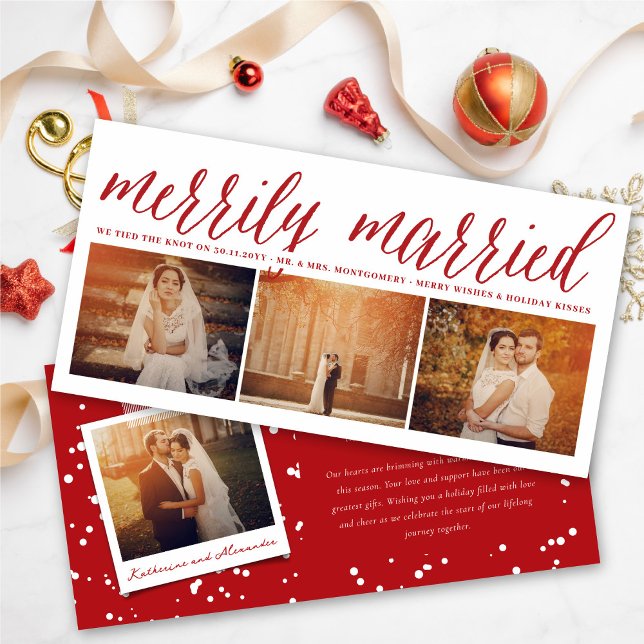 Merrily Married Mr And Mrs First Christmas 3 Photo Holiday Card (Creator Uploaded)