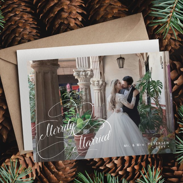 Merrily Married newlyweds photo Christmas Holiday Card (Creator Uploaded)