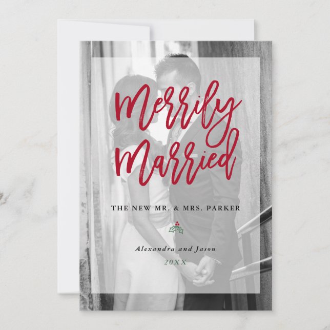 Merrily Married Photo with Overlay | Red Holiday Card (Front)