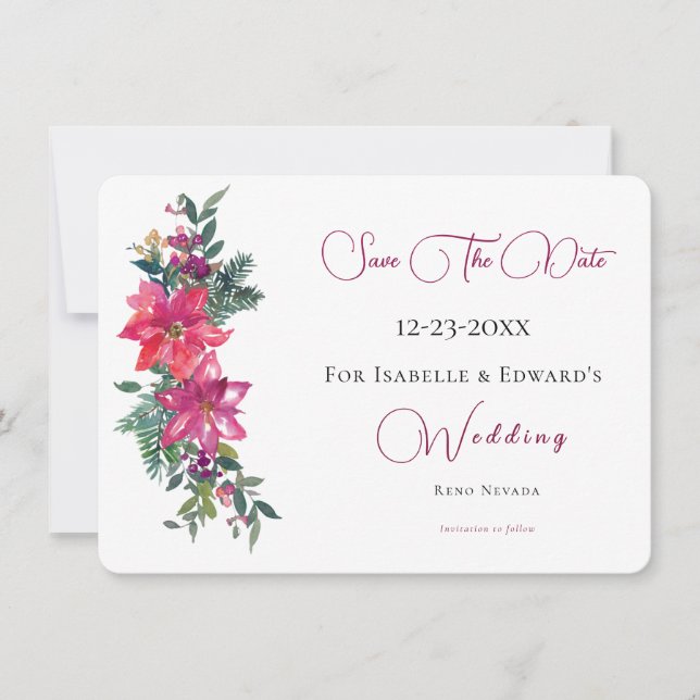 Merrily Married Pink Christmas Floral Wedding Save The Date (Front)