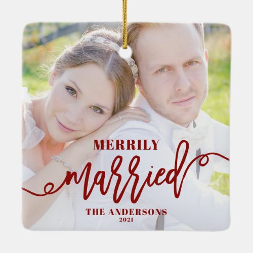 Merrily Married  Red Newlyweds Christmas Photo Ceramic Ornament