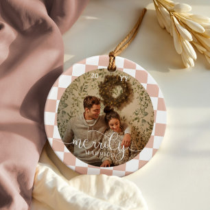 Merrily Married Retro Checkerboard Newlywed Photo Ceramic Ornament