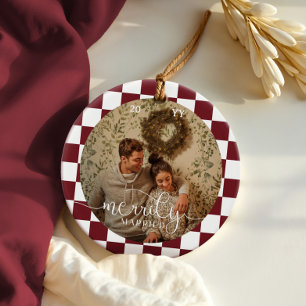 Merrily Married Retro Checkerboard Newlywed Photo Ceramic Ornament