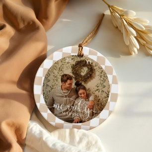 Merrily Married Retro Checkerboard Newlywed Photo Ceramic Ornament