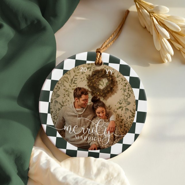 Merrily Married Retro Checkerboard Newlywed Photo Ceramic Ornament (Merrily Married Retro Checkerboard Newlywed Photo Ceramic Ornament)