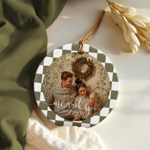 Merrily Married Retro Checkerboard Newlywed Photo Ceramic Ornament