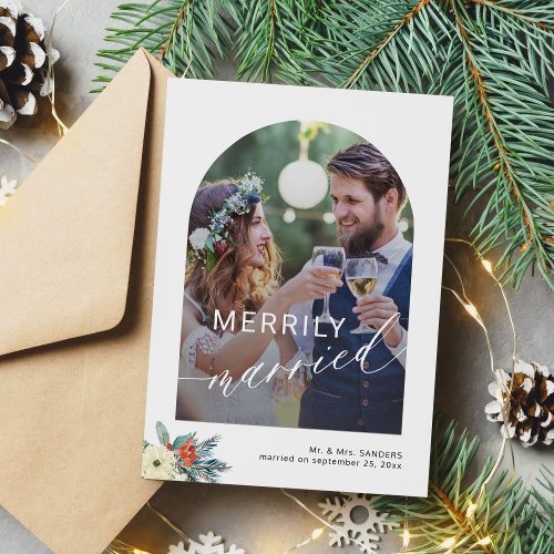 Merrily married simple minimalist 2 photos wedding holiday card