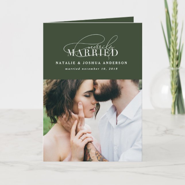 Merrily married wedding announcement Holiday card (Front)